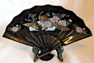 Vintage Black Chinese Fan Ceramic Asian Oriental Signed Gold Trim Peacock Stand