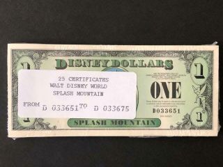 Disney Dollars Rare 25 Splash Mountain One Dollar Bills Numbered