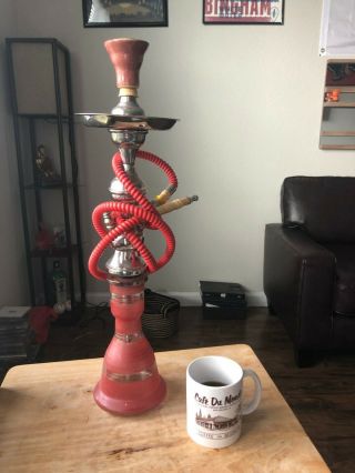 Large Glass And Metal Hookah Water Pipe Kit Single Hose Red And Silver