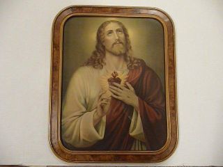 Rare Vintage Framed Picture Of Jesus Sacred Heart 20 1/2 " X 16 1/2 "