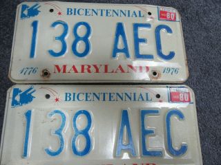 Vintage Bicentennial Maryland License Plates 1776 - 1976 Set Of 2 Tag 138 Aec