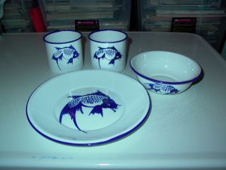 4 Piece Vintage Blue White Enamel Koi Fish Butterfly Brand Plate,  Bowl,  2 Cups
