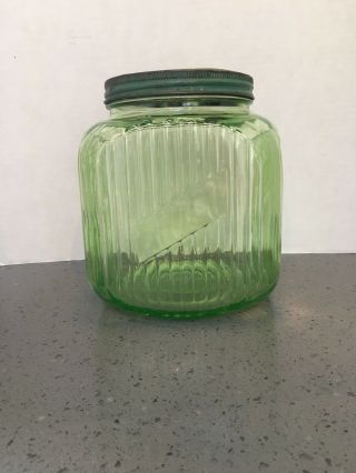 Vintage Vaseline Green Ribbed Depression Glass Hoosier Canister Jar 64oz W/lid