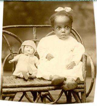 Adorable Antique B/w Photo Of A Black Baby Girl Sitting With Her Doll