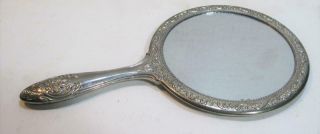 Vintage Silver Tone Hand Held Vanity Mirror Good Quality Heavy Mirror
