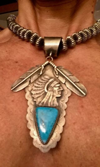 Navajo Sleeping Beauty Turquoise Chief Sterling Silver Arrowhead Pendant
