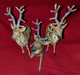 Three Vintage German Christmas Putz Lead Metal Reindeer Stag Deer