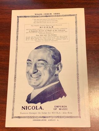 Vintage Nicola - Emperor Of Magic - 1930 Tour Program - India - Magician