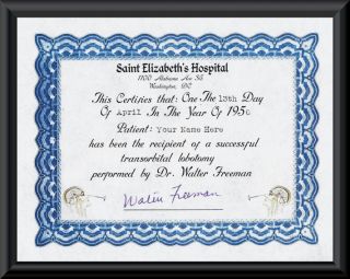 Personalized Transorbital Lobotomy Certificate Printed On Fine Linen Paper 101