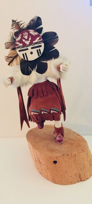 11” Navajo Indian Sun Face Kachina Doll - Real Fur & Feathers Signed.