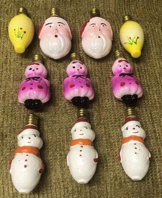 10] Vintage 1960’s Figural C - 6 Christmas Light Bulbs Santa Doll Lanterns Snowman