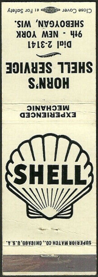 Gas Station Vintage Horn’s Shell Service Matchcover Sheboygan,  Wi Wisconsin