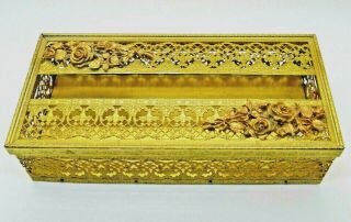 Vintage Matson Tissue Box 24k Gold Plated Ormolu Filigree Lid Roses Tag 10.  5 " X5 "