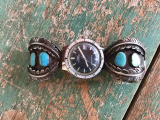 Vintage Navajo Silver And Natural Turquoise Watch Band N R.  It.