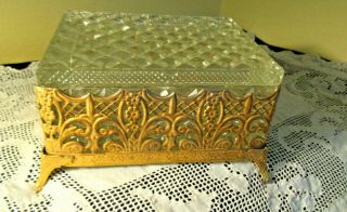 Vintage Gold Gilt Filigree Ormolu Glass Powder Box Jar With Feet