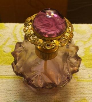 Vintage Irice Thick Amethyst Glass Perfume Bottle With Purple Flower - Top