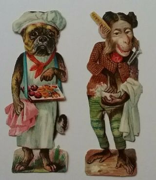2 Colourful Antique Chromo Victorian Anthropomorphic Scraps.  Baker And A Barber