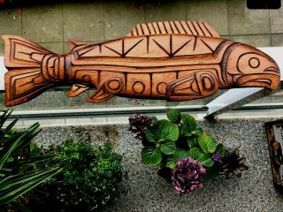 Northwest Coast Native Art Large Rustic Salmon Sculpture Carving Signed