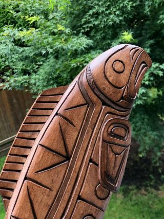 Northwest Coast Native Art Large rustic Salmon sculpture carving signed 2