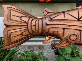 Northwest Coast Native Art Large rustic Salmon sculpture carving signed 3
