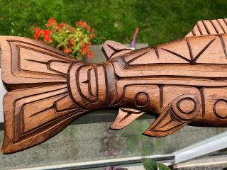 Northwest Coast Native Art Large rustic Salmon sculpture carving signed 5