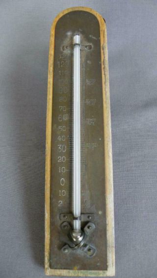 Vintage Wood And Brass Wall Mounted Thermometer 9 "