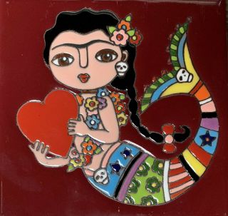 1 Talavera Day Of The Dead Tile 6 " Frida Mermaid Red Heart Brown Eyes Colorful