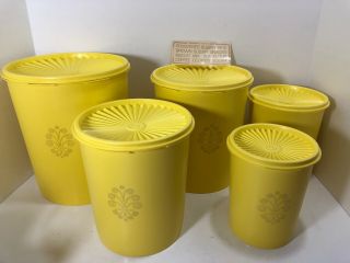 Vintage Tupperware Servalier Yellow 10 Pc Canister Set Labels