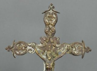 Fine Antique Cast Bronze Reliquary Alter Crucifix Sacred Heart Angel Attendants 2