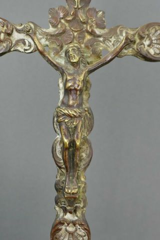 Fine Antique Cast Bronze Reliquary Alter Crucifix Sacred Heart Angel Attendants 3