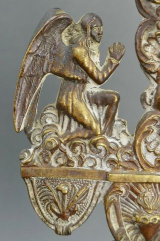 Fine Antique Cast Bronze Reliquary Alter Crucifix Sacred Heart Angel Attendants 5