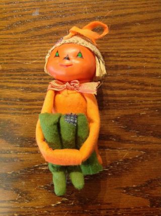 Vintage Halloween Scarecrow Plastic Pumpkin Head Felt Body Knee Hugger Japan