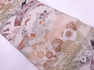 65222 Japanese Kimono / Antique Maru Obi / Woven Book With Flower & Crane