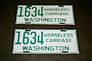 Pair Antique Green & White Washington State Horseless Carriage License Plates