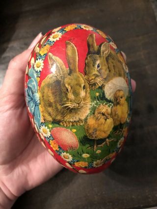 Large 4.  75” Antique Early German Easter Egg Candy Container Bunnies Chicks