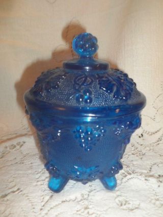 Vintage Blue Jeannette Glass Grape Vine Pattern 4 - Ftd.  Covered Vanity Jar Box