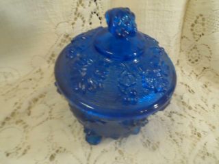 Vintage Blue Jeannette Glass Grape Vine Pattern 4 - Ftd.  Covered Vanity Jar Box 2