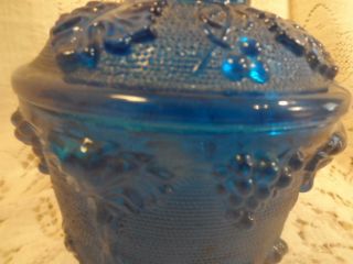 Vintage Blue Jeannette Glass Grape Vine Pattern 4 - Ftd.  Covered Vanity Jar Box 4