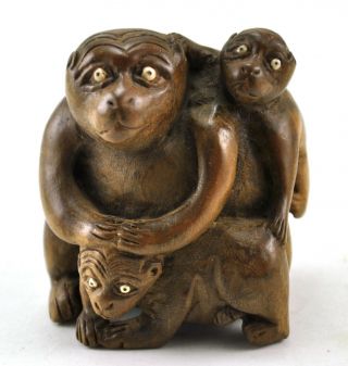 3 " Vintage Chinese Natural Wood Hand Carved Three Monkey Mom Kid Figurine Statue