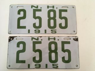 1915 Hampshire License Plate Pair Plates Porcelain Very Good /
