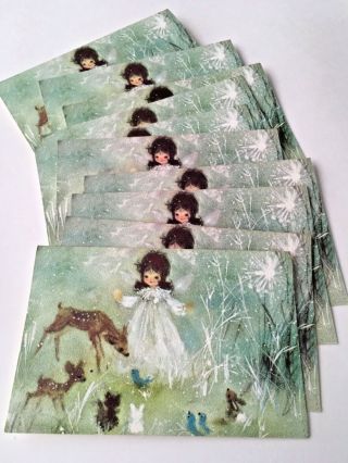 10 Vintage Christmas Cards Little Angel Girl & Woodland Animals Hallmark