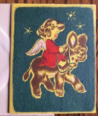 Vintage Christmas Greeting Card Angel Riding Donkey