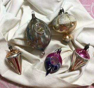 Vtg 5 Mercury Glass Christmas Ornaments Hand Blown Indent Ballon Mica Top Shape