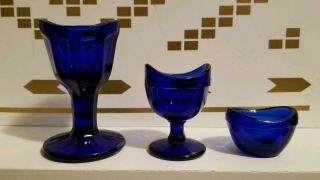 Vintage Eye Wash Cups Cobalt Blue Glass 8 Panel Set Of 3 Antique