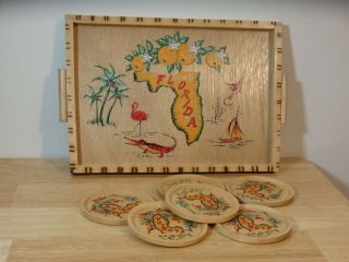 Vintage Florida Souvenir Wood Tray & Coasters Set W Box 50’s - 60’s