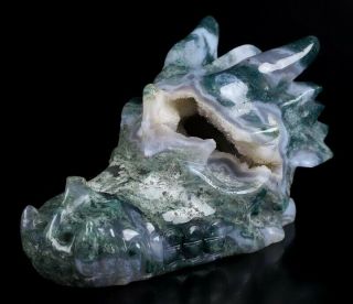 5.  4 " Green Moss Agate Geode Carved Crystal Dragon Skull,  Crystal Healing