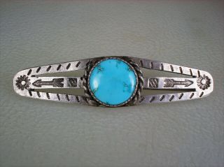 Early Fred Harvey Era Navajo Hand Stamped Silver & Turquoise Pin W/ Arrows