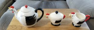 Vintage Art Deco Coq Rouge Creamer,  Sugar And Teapot Pottery Rooster