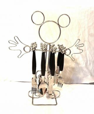 Disney Mickey Mouse Head Flatware Set Of 16 W/ Stand Spoons Forks Knife Retired