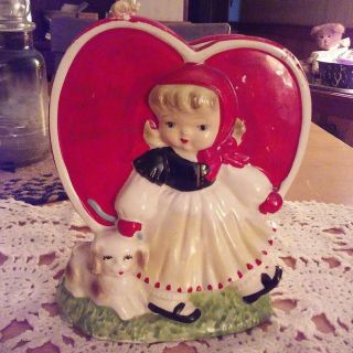 Vintage Hf Japan To My Valentine Planter Girl With Puppy Dog